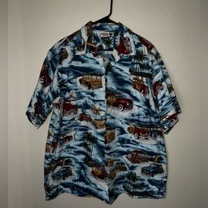 Vintage Go Barefoot Hawaiian Aloha Shirt XL - Retro Beach Cars & Surf Print